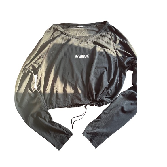 Gymshark Womens Black Long Sleeve Mesh Crop Top Drawstring Hem Activewear Small - Picture 2 of 7
